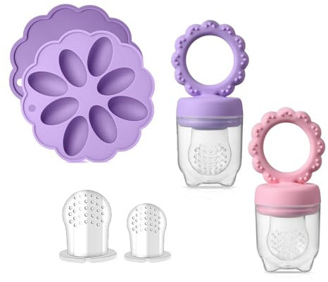 ZUFIO Fruchtsauger Baby -Fruchtsauger Baby ab 6 Monate (2 Fruchtsauger + 1 Eisform+3 Schnuller) für Babynahrung Muttermilch Eiswürfel(Tato Purple/Candy Pink 2+1)