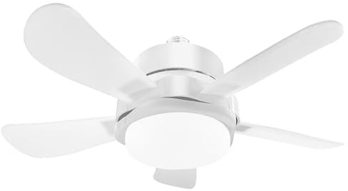 Ventilador de Casquillo con Luz LED, Ventilador de Techo con Base E27, 5 Palas, Motor DC 6 Velocidades Regulable, 6000K, ideal para baños, dormitorios, garajes, lavanderías y cocinas (Blanco, 40 CM)
