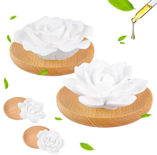 POFIBO 2 Stück Duftstein für Ätherische Öle - Duftsteine Set mit 2 Sockel aus Holz,Lotusblüte und Rose Aroma Duftstein,Ideal für Aromatherapie, Entspannung, Yoga-Meditation und Badezeit