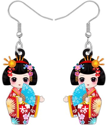 DUOWEI Acryl Anime Cute Japanisch Stil Kimono Puppe Ohrringe Charms Dangle Schmuck Geschenke für Damen Frauen Teenager Mädchen