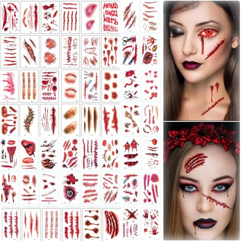 60 Sheets Halloween Scar Tattoo Stickers, Realistic Temporary Fake Scars Tattoos, 3D Waterproof Zombie Wound Face Tattoos Stickers, Halloween Costume Makeup Kit for Adults Halloweens Cosplay Decor