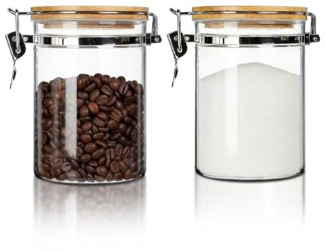 2 pcs Glass Food Storage Jars with Lids Airtight, Tea Coffee Canisters | Clear Glass Container with Bamboo Lid, Borosilicate Glass, Silicone Seal & Stainless Steel Clip Top, 1100ml SET of 2