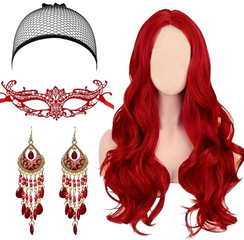 YOUYIKE Perücke Rot 68cm Lang Locken Wellig Rote Perücke Frauen mit Haarnetz Augenklappe Ohrring für Cosplay Fasching Karneval Maskerade Party Halloween