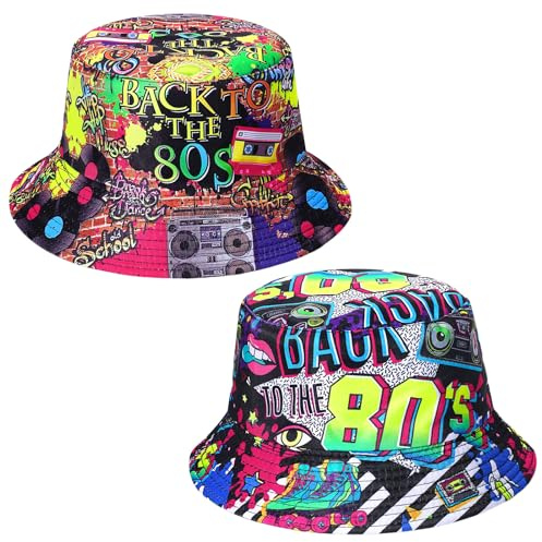 Halinuia 2 Stücke Retro 80er/90er Fischerhüte Hip Hop Bucket Hat | Rock Scrawl Fischerhut, Modische Bucket Hat, Anglerhut Sonnenhut Faltbar, Unisex Fishing Hut für Frauen Männer
