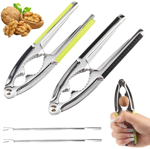 Xbessc 4 Pièces Casse Noix Antidérapant 15.5cm Casse Noisette Métal | Casses Noix en Alliage de Zinc avec Poignée Noire Verte et 2 Fourchette pour Noisettes Noix du Brésil Crabes Homards