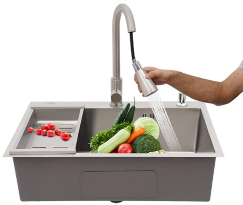 MEELRYD Fregadero de cocina, 68 x 45 cm, empotrable, empotrable, 360 °, fregadero bajo encimera con fregadero + cesta de desagüe + dispensador de jabón para armarios inferiores a partir de 70 cm