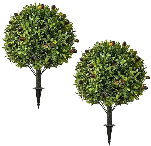 loyimioo 60 cm Künstliche Kunstpflanze in Kugelform, Plastik Realistischer Kugelbaum mit Erdspieß als Hochzeits- & Weihnachtsdeko für Garten, Terrasse, Balkon 2er-Set (Olivenbaum)