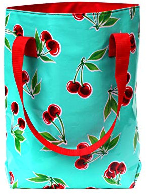 Ikuri Einkaufstasche - Wasserdicht Shopper für Frauen Beutel Einkaufsbeutel Badetasche Tote Bag aus Wachstuch - Design Cerezas in Türkis