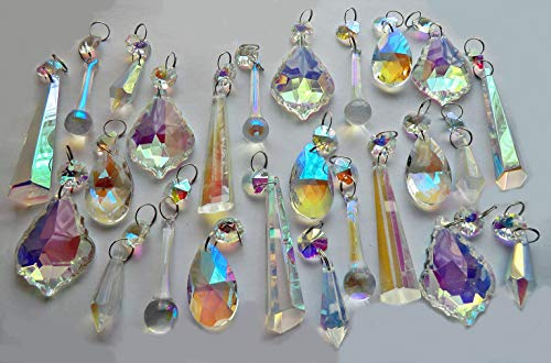 25 Aurora Borealis Chandelier Drops AB Chandelier Drops Parts Cut Glass Crystals Droplets Beads Christmas Tree Ornaments Vintage Chic Wedding Wishing Charm Decorations Prisms Art Deco