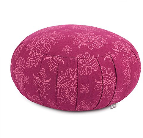 Bodhi Meditationskissen ZAFU | Ø 34 cm | Maharaja Collection | Yogakissen mit Dehnfalten und Tragegriff | Bezug aus 100% Baumwolle | Sitzkissen mit Bio-Dinkelfüllung | Lotus/Berry