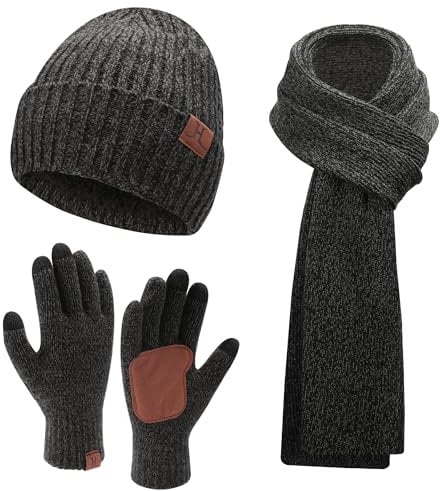Herren Winter Warm Beanie Mütze Lange Schal und Touchscreen Handschuhe Set mit Fleece Gefüttert Wintermütze Strickmütze Rutschfeste Winterhandschuhe Schals Geschenk für Männer, A Dunkelgrau