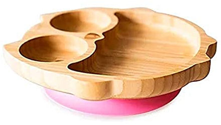 eco rascals Bamboo Baby & Toddler Owl Suction Plate - Natural Weaning Large Owl Plate from 6 Months, Beautiful & Organic, Spill Proof Plate with Strong Suction Ring for Feeding Babies (Pink)