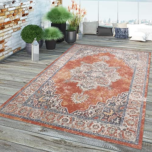 TT Home In-& Outdoor Teppich Küche Wohnzimmer Wetterfest Balkon Vintage Design Abstrakt, Farbe: rot, Größe:200x280 cm