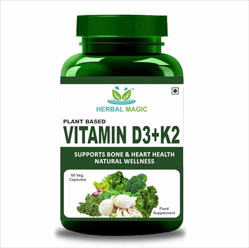 Herbal Magic Pure & Natural Plant Based Vitamin D3 (4000 IU) & K2 (100 mcg) in 2 Capsules, Whole Plant Used 60 x Veg Capsules - Lab Tested - No Maltodetxrin, Fillers, Preservatives