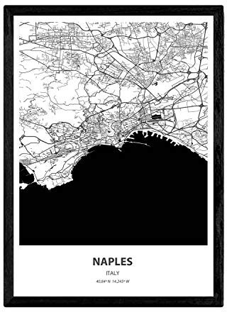 Nacnic Poster mit Karte von Neapel - Italien. Blätter von Städte in Italien mit Meeren und Flüssen in schwarz und weiß. A3