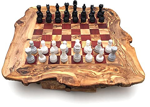Schachspiel rustikal aus Olivenholz, Schachtisch Gr. XL inkl. 32 Schachfiguren aus Marmor, Naturprodukt, Handarbeit, Geschenkidee.