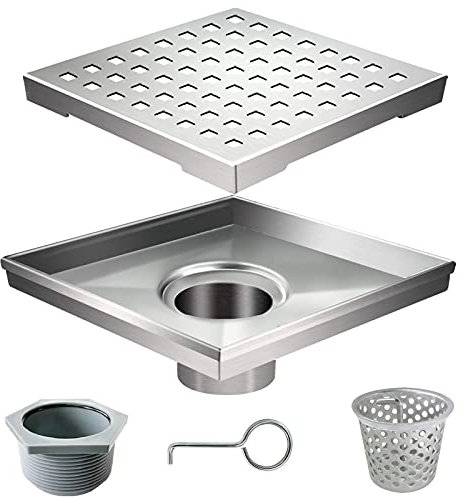 Square Shower Drain Kit-4‘’ Stainless Steel Bathroom Floor Drain Set (CUPC Certified) Equipped with Removable Quadrato Pattern Grate,Hair Filters,Threaded Joint with Rubber Seal and Lifting Hook