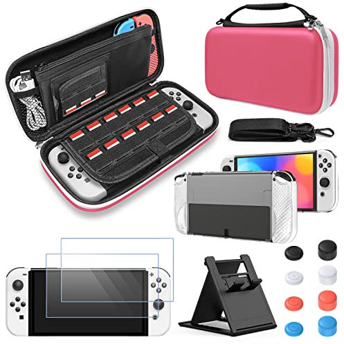 FYOUNG Custodia da trasporto per Nintendo Switch OLED e pacchetto di accessori protettivi, custodia da viaggio con interruttore OLED, pellicola protettiva, kit di accessori per impugnature per