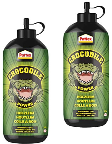 Pattex Crocodile Power Lot de 2 tubes de colle à bois puissante pour intérieur et extérieur 225 g Colle transparente à séchage et imperméable