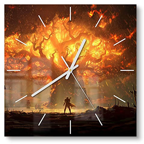 DEQORI Glasuhr | 30x30 cm | Motiv Brennender Weltenbaum WoW | ausgefallene leise Design Uhr aus Glas | Wanduhr für Wohnzimmer & Küche | moderne Hingucker Uhr für die Wand