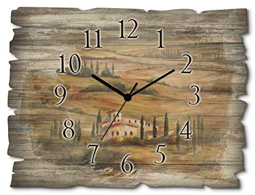 ARTLAND Wanddeko Wanduhr ohne Tickgeräusche aus Holz Funk Uhr lautlos Rechteckig 40x30 cm Landschaft Toskana Berge Tal Haus Kirche Felder Zypressen Mediterran Rustikal A5DM