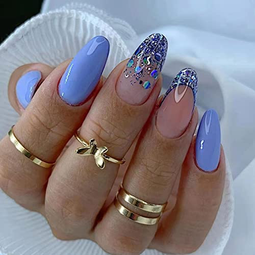 24 Stück Mandel Nägel Zum Aufkleben Mittel, Blaue Französisches Press on Nails Künstliche Nägel, Oval Glitzer Acryl Fingernägel Fake Nails mit Design, Sommer Falsche Nägel für Frauen Mädchen