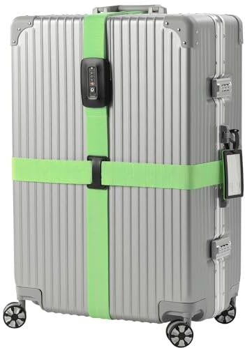 Navaris Kreuzkoffergurt mit TSA Zahlenschloss und Adressanhänger - Koffergurt mit Schloss und Namensschild - Reise-Sicherheitsset für Koffer - Grün