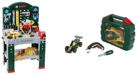 Theo Klein 8513 Bosch Work-Station I Werkbank mit Werkzeug, Montagefahrzeug und Zubehör I ab 3 Jahren & 8395 Werkzeugkoffer-Set Bosch Grand Prix mit Ixolino-Akkuschrauber ab 3 Jahren