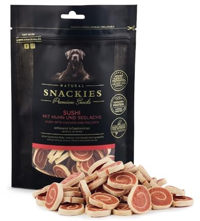 SNACKIES 16er-Pack (à 90g) Premium Snacks für Hunde, Sushi mit Huhn und Seelachs ohne Zusatz von Getreide, Zucker, Farb-, Aroma- und Konservierungsstoffe, schonend luftgetrocknete Leckerli