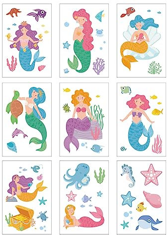 CREATCABIN 9 Blatt Sommer-Meerjungfrau-Fensteraufkleber Unter Dem Meer Ozeantiere Fensteraufkleber Wasserdicht Für Glasfenster Wand Schlafzimmer Badezimmer Kinderzimmer Zuhause Dekorationen 30x19.5cm
