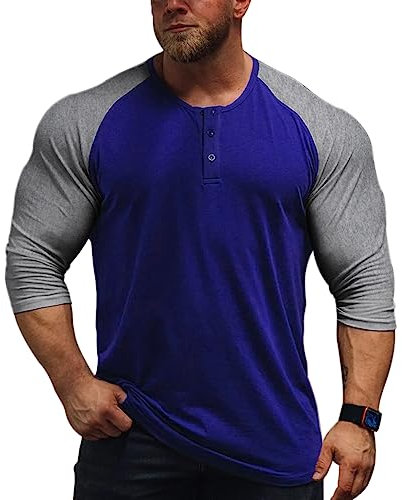 Herren Konisch Henley 3/4 Ärmel T-Shirts Lässig Raglan T-Stück Slim-Fit Muskeloberteile Blau/Hellgrau M