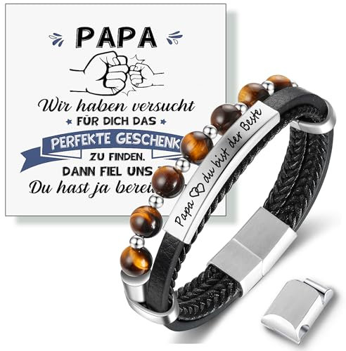 Jbniuay Geschenk für Papa - Armband für Papa Armband mit Gravur “Papa,du bist der Beste” - Lederarmband Naturstein Armband - Geschenk zum Geburtstag Weihnachten Vatertagsgeschenk