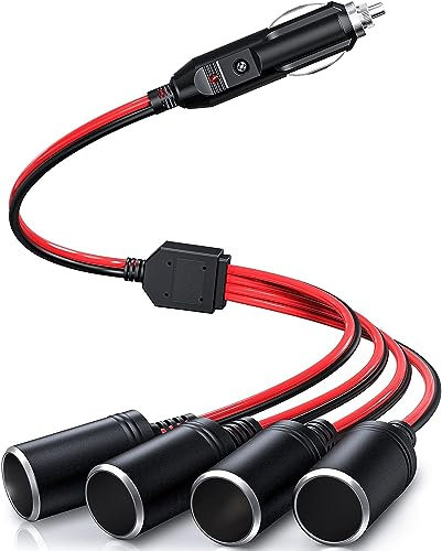 GTIWUNG 12V/24V Auto Motorrad Zigarettenanzünder Stecker, 1 bis 4 KFZ Auto Zigarettenanzünder Stecker mit Kontrollleuchte, 4-Wege Auto Adapter Splitter, Verlängerungskabel Zigarettenanzünder 4 Fach