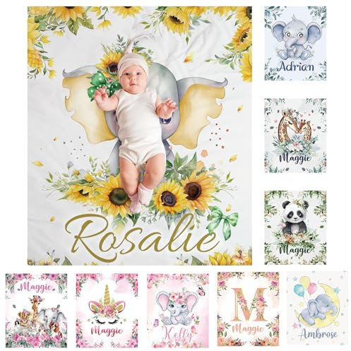 SearchI Personalisierte Babydecke mit Namen 90X120cm,Weich Warme Baby-Überwurfdecke für Junge Mädchen,Kinderdecke Namensdecke Personalisiert Geburtstaggeschenk(Elefantengelb)