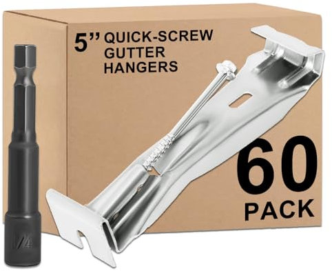 Dachrinnenaufhänger (12,7 cm) (60 Stück) mit voreingesetzten Schnellschrauben-Dachrinnenclips, versteckte Halterungsclips für 12,7 cm K-Stil Aluminiumrinnen – mit 6,35 mm Sechskantbohrer