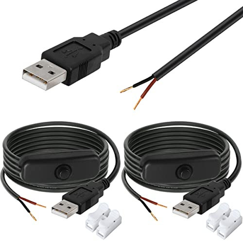 Xiatiaosann USB Power Switch On Off Cable, USB 2.0 Connector Male to 2pin Wire DIY Pigtail 5V Extension Cord for LED Light Strip, with Inline Push Button, Power Supply Line 2 PCS