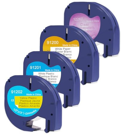 DOREE (4er-Pack) 12mm x 4m Farbband, kompatibel mit LetraTag bunte Bänder 16951, 91220, 91221, 91222,Transparent,Weiß,Gelb.kompatibel mit Dymo LetraTag LT-100T,LT-100H Plus,LT-200B,LT-2000,LT-QX50.