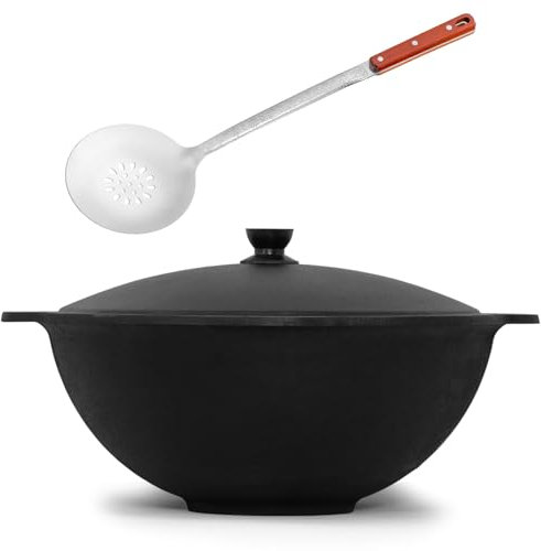 Kazan aus Gusseisen 10 L mit Schaumkelle NAMANGAN Kasan Uzbekisch mit Deckel Cast Iron KESSEL Uzbek Camping Usbek Schwenktopf Asia WOK Topf mit Aluminium Deckel Grillwok Gusstopf Wokpfanne