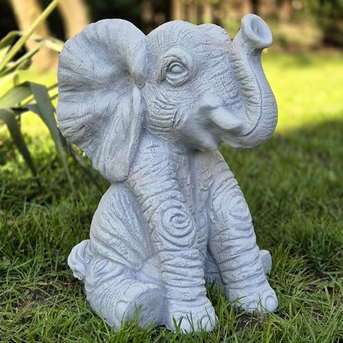 FABRIQ Fröhlicher Elefant 30 cm – 10 kg Massive Steinguss Figur – Wetterfest & frostsicher – Gartendeko