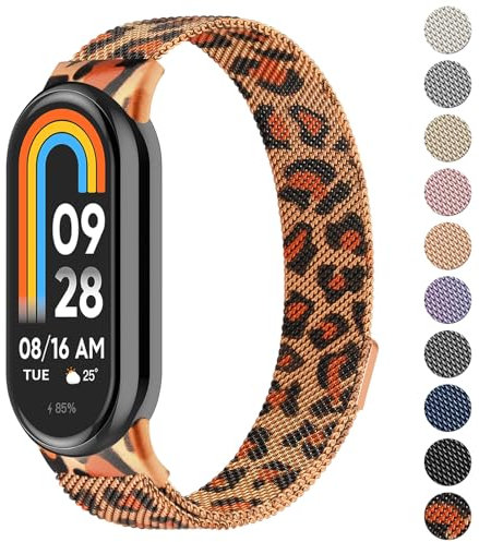 Oumida für Xiaomi Mi Smart Band 8 Armband Herren Damen, Metall Armbänder Edelstahl Mesh Uhrenarmband Magnetisch Verstellbar Sport Ersatzarmband für Xiaomi Mi Band 8 Ersatzbänder, Leopard