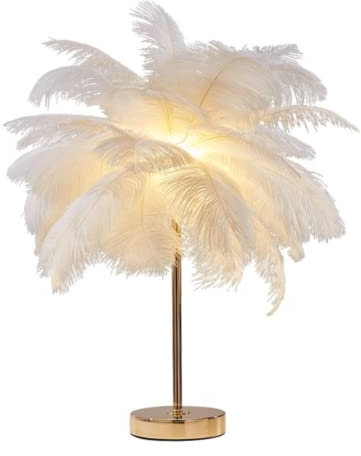 GUANSHAN Kreative weiße Straußenfeder Tischlampe Nachttischlampe Licht Luxus und eleganter Lampenschirm Nachtlicht Tischbeleuchtung für Wohnzimmer Schlafzimmer Heimtextilien, Plug-In