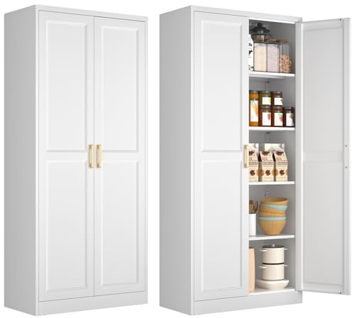 Polup 71 White Metal Kitchen Pantry Storage Cabinet with Doors and Shelves