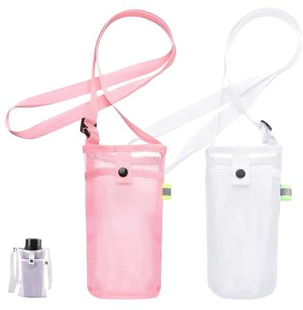 HIOQFR 2 Sacs Porte-Bouteille d'eau en Maille avec Bandoulière Porte Bouteille Eau Sport Sac à Dos Randonnée Housse Gourde Tour de Cou Porte Gobelet Portable Sac de Support de Bouteille