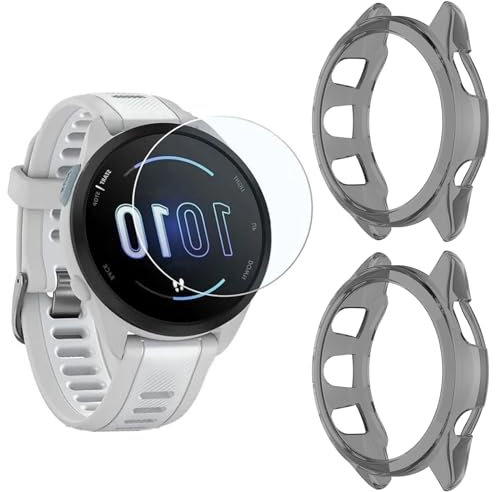 MWOOT Compatible con Garmin Forerunner 165 Protectores Cristal Templado 4 Unidades y Funda Silicona 2 Unidades, 9H Dureza Resistente a Arañazo Protector Pantalla Vidrio Proteccion Smartwatch