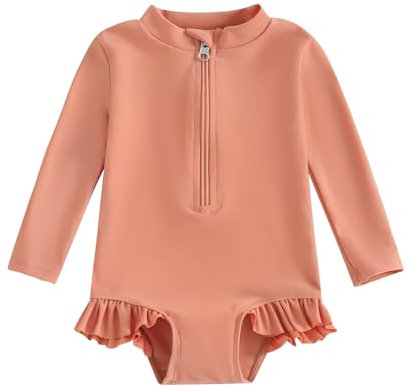 Carolilly Maillot de Bain Bébé Fille Anti UV Combinaison de Natation à Manches Longues Costume de Bain Piscine à Volants Fermeture Eclair (Orange, 3-4 Years)