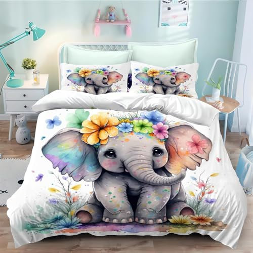 CYSYLQW Elefant Bettwäsche 135x200 Kinderbettwäsche Elefant Bettbezug Set, Elefanten Bettwäsche-Set 3D Mikrofaser Elefant Wildtier Bettbezug mit Reißverschluss (135 x 200 cm,1)