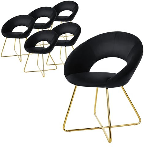 ML-Design Esszimmerstühle 6er Set Samt, Schwarz, Wohnzimmerstuhl mit runder Rückenlehne, Polsterstuhl mit goldene Metallbeine, Ergonomische Esstisch Sessel, Küchenstuhl Schalenstuhl Schminktisch Stuhl