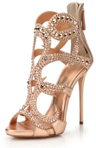 Sandali Con Tacco Alto Da Donna, Scarpe Con Tacco A Spillo Da 12 Cm Strass Lucidi Di Grandi Dimensioni Punta Aperta Décolleté Con Cerniera Posteriore Cena Festa Appuntamento Scarpe , 44 EU , Rose gold