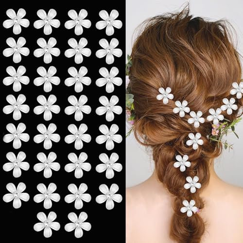 Lot de 30 Mini Pinces à Cheveux en Forme de Fleurs Blanches Avec Strass,Pinces à Cheveux Décoratives avec strass pour Mariage, Accessoire Cheveux Mariage,Quotidien,FêTe(blanche)