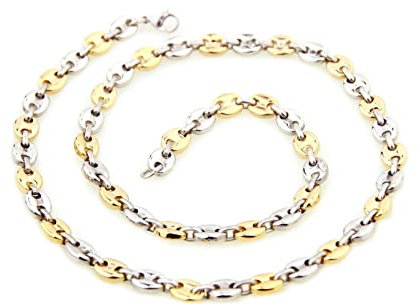 KnBoB Halsketten 55 cm, Bicolor Ovale Kette 7MM Silber Gold Edelstahl Herren Halskette